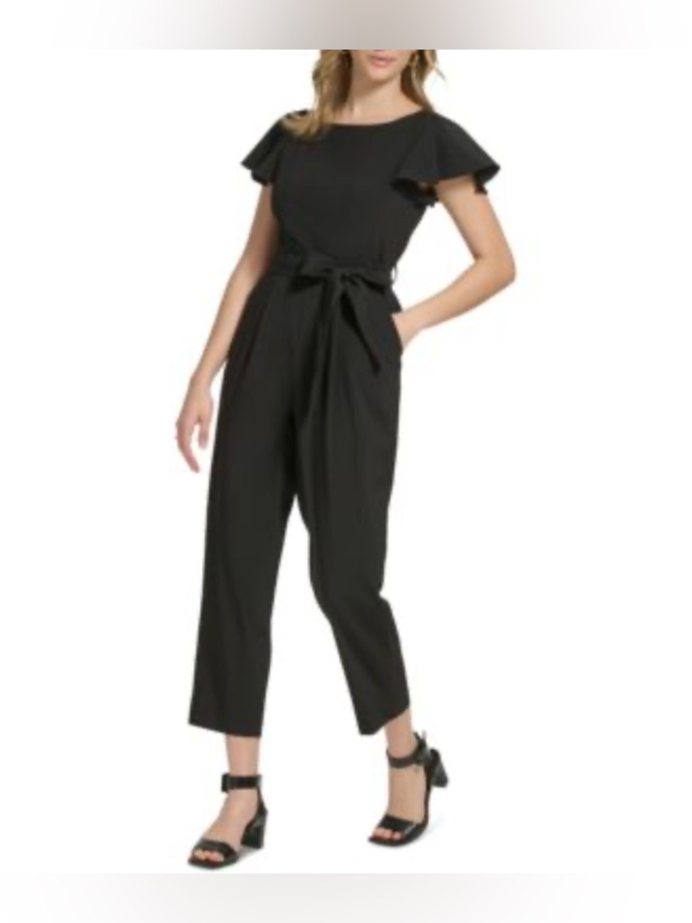 Calvin Klein Black Belted Wide-Leg Jumpsuit with Flutter Sleeves